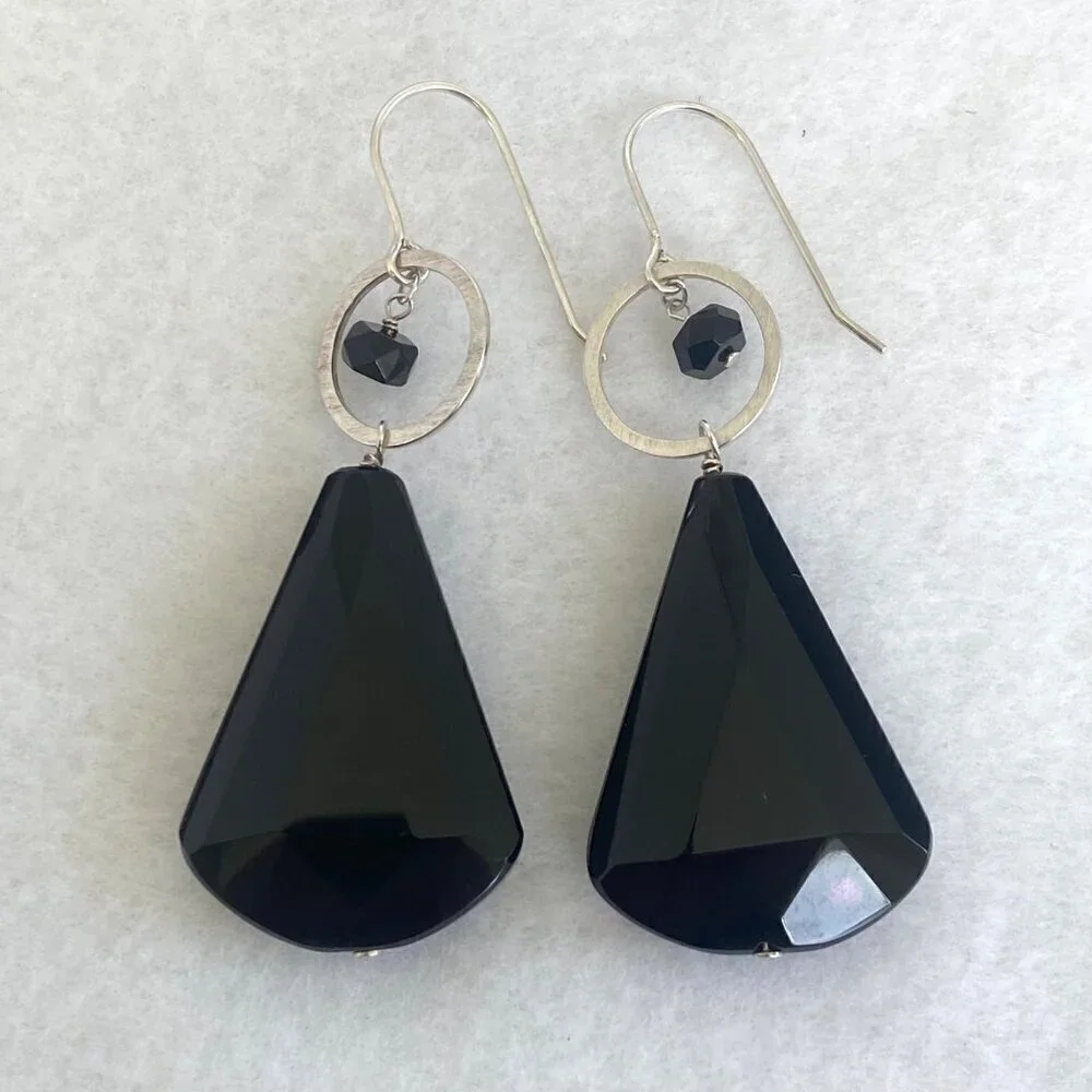 Deb Guyot Sterling Silver 925 Faceted Teardrop Black Tourmaline Dangle Earrings
